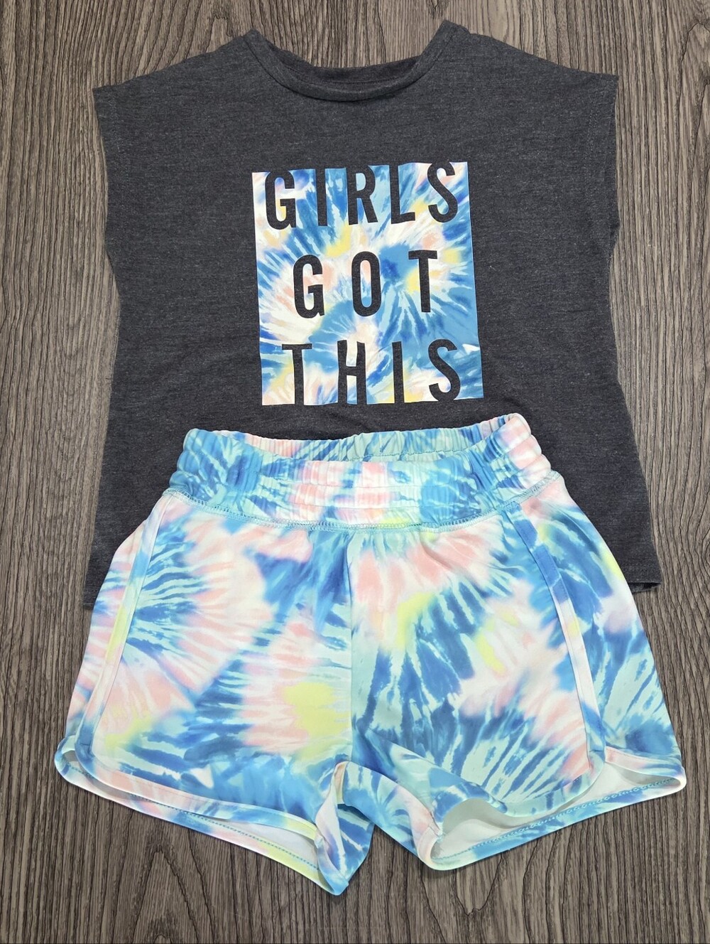 Runway Girls Active Two-Piece Set - Charcoal & Pastel Tie-Dye